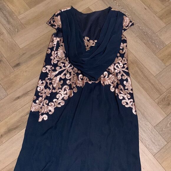 Tadashi Shoji Crepe Draped Open Back Gown With Metallic Paillette Detail - Picture 4 of 17